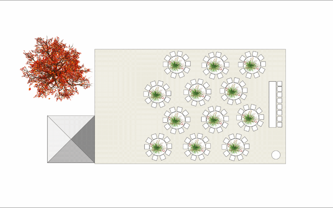 Marquee Floor Plan – 120 Guests 12m x 20m – Round Trestle Tables