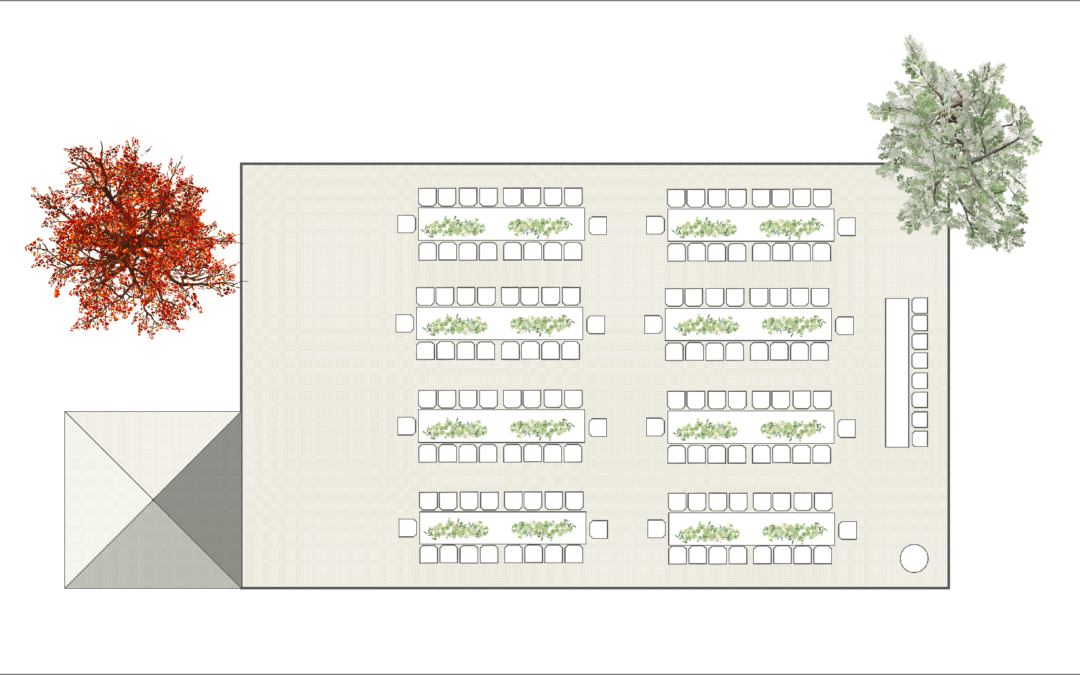 Marquee Floor Plan – 150 Guests 12m x 20m – Long Trestle Tables