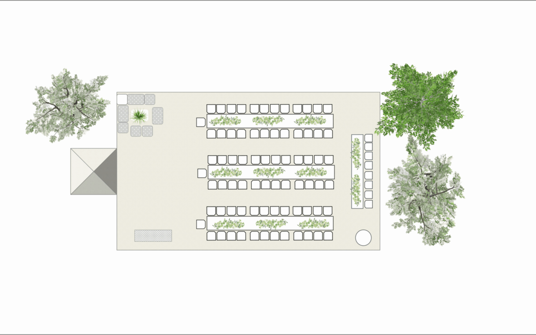 Marquee Floor Plan – 75 Guests 9m x 15m – Long Trestle Tables