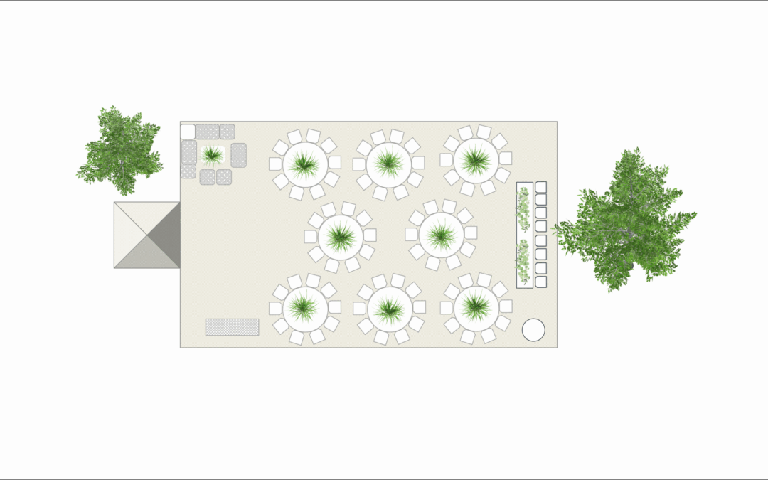 Marquee Floor Plan – 80 Guests 9m x 15m – Round Trestle Tables