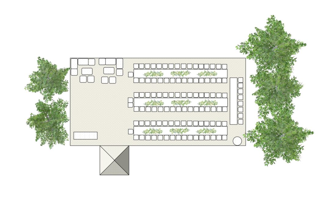 Marquee Floor Plan – 100 Guests 9m x 18m – Long Trestle Tables
