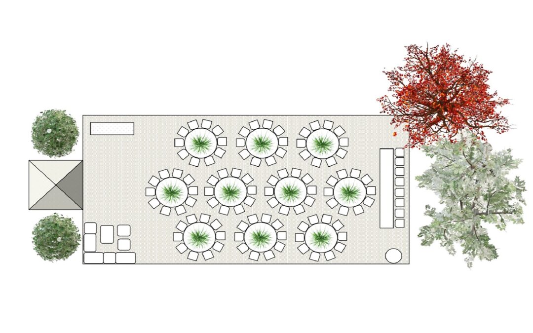 Marquee Floor Plan – 100 Guests 9m x 18m – Round Trestle Tables