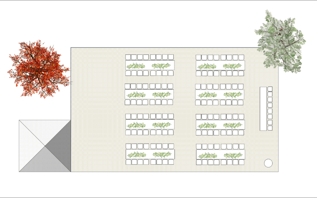 Marquee Floor Plan – 120 Guests 12m x 20m – Long Trestle Tables